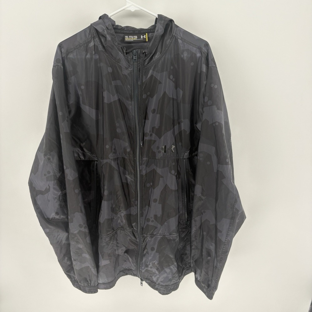 Under Armour Windbreaker Jacket Mens 2XL Vented Black Camo Hooded Full Zip Loose